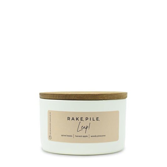 Milkhouse Candle Company Rake, Pile, Leap! Soy Candle - Spiced Leaves | Harvest Apple | Woody Pinecones Scented - 10 oz Signature Statement Candle with Lid, 20+ Hour Burn Time, Made in the USA