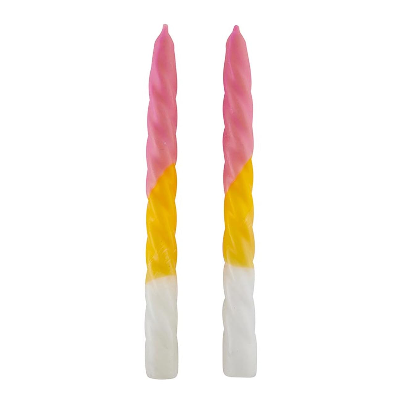 Slant Collections Tri-Colored Unscented Spiral Taper Candles 2-Count Dinner Candles, 9-Inch, Pink/Yellow/White