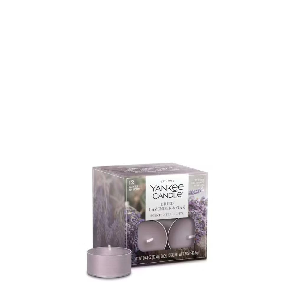 Yankee Candle Dried Lavender & Oak Tea Light Candles, Premium Plant Wax Blend Scented Tealights, 12 Count, 5 Hour Burn Time, Natural Fiber Wick, Purple