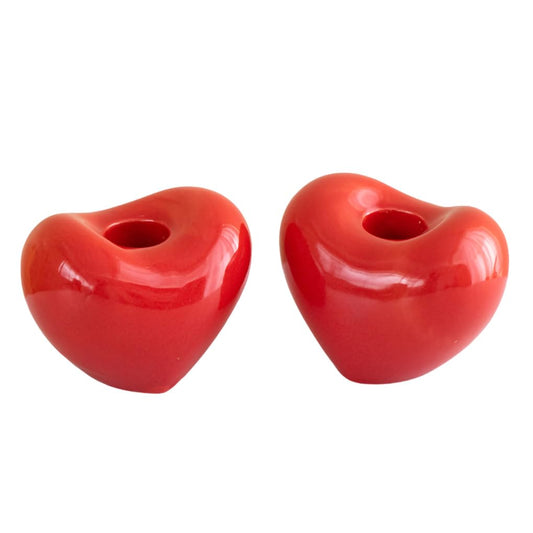 WAIT FLY Red Heart Shaped Ceramic Candlestick Holders, Set of 2 Candle Holders for Dinning Wedding Party Table Centerpieces Home Decoration