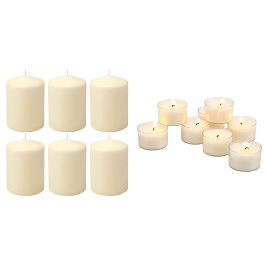 Stonebriar 35 Hour 3x4 Unscented Ivory Pillar Candles + 96 Pack Unscented Smokeless Clear Cup Tea Light Candles