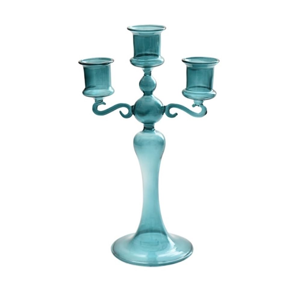 Candlestick Holders Creative Glass Candlestick Colorful Three-Head Candlestick Home Decoration Wedding Shooting Props Candle Holders(Blue)