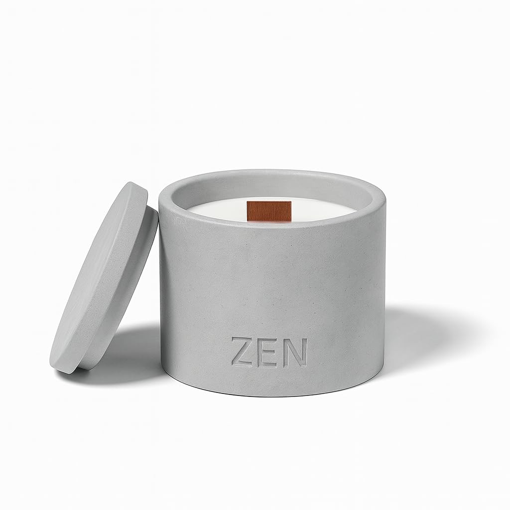 Zen Concrete Candle with Lid – Apple Blossom Citrus Floral – 100% Beeswax, Minimalist Jar, Wooden Wick, Reusable Container Plant Pot Storage – Luxury-Inspired (Gray, Small, CLIVE)