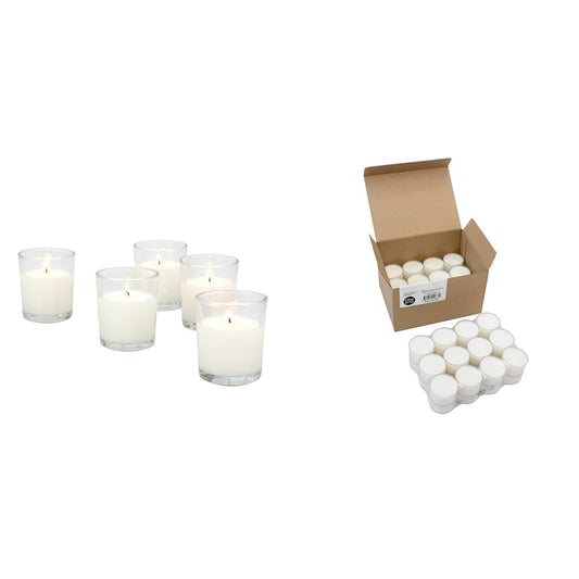Stonebriar SB-SP-3210A 15 Hour Long Burning Unscented Wax Filled Votive Holders & Bulk 48 Pack Unscented Smokeless Long Clear Cup Tea Light Candles
