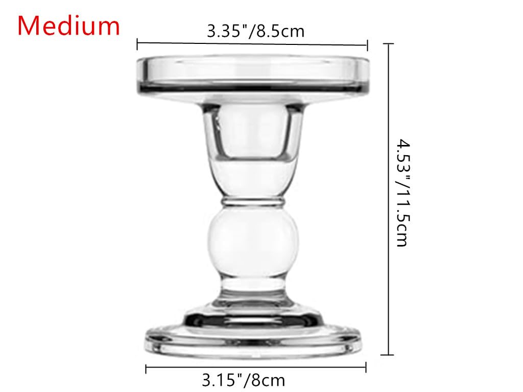 2Pcs Glass Candle Holders,Crystal Glass Candle Holder,Clear Pillar Taper Candlestick for Wedding, Party, Holiday Decoration (Medium)