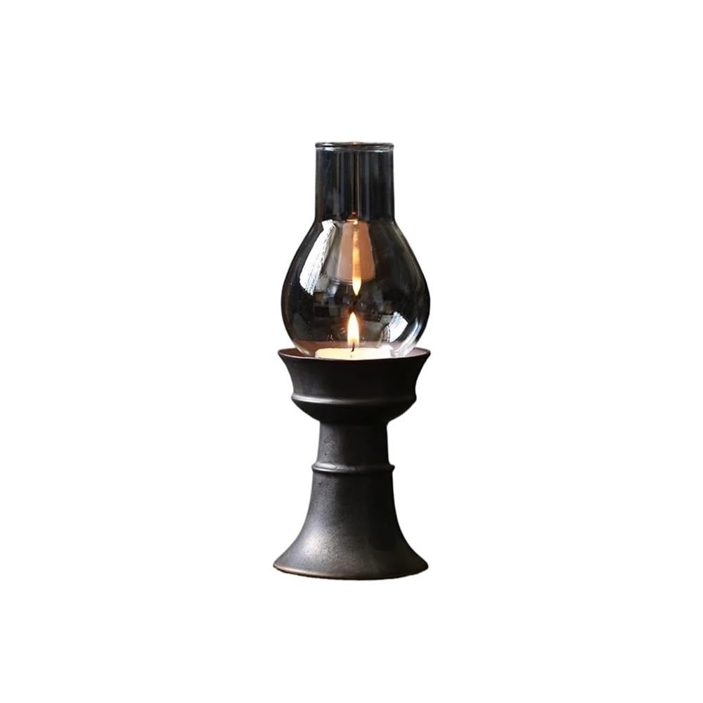 Candlesticks Ceramic Candle Holder with Glass Lampshade Retro Home Aromatherapy Candle Holder Decorative Ornaments Decorative Candle Holder(Black)