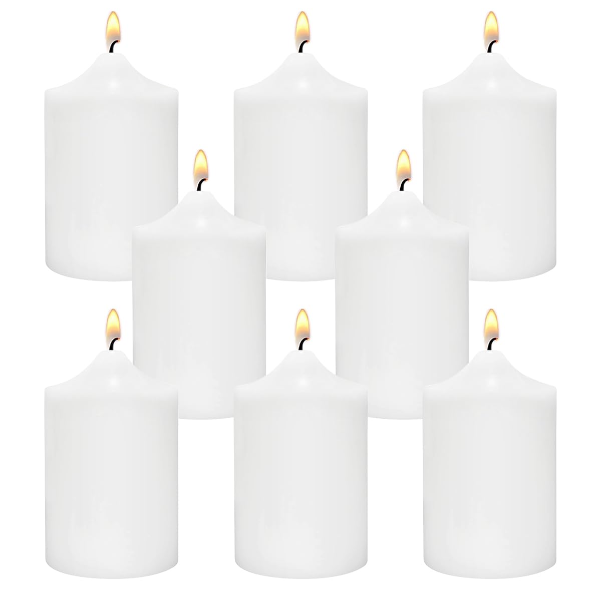 Small Unscented White Pillar Candles, 24 Hour 2x3 Inch Dripless Tapered Column Candles for Home Party Holidays, Set of 8