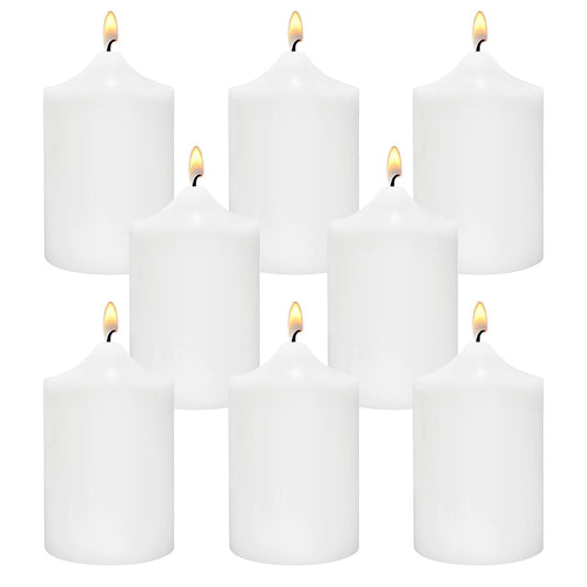 Small Unscented White Pillar Candles, 24 Hour 2x3 Inch Dripless Tapered Column Candles for Home Party Holidays, Set of 8