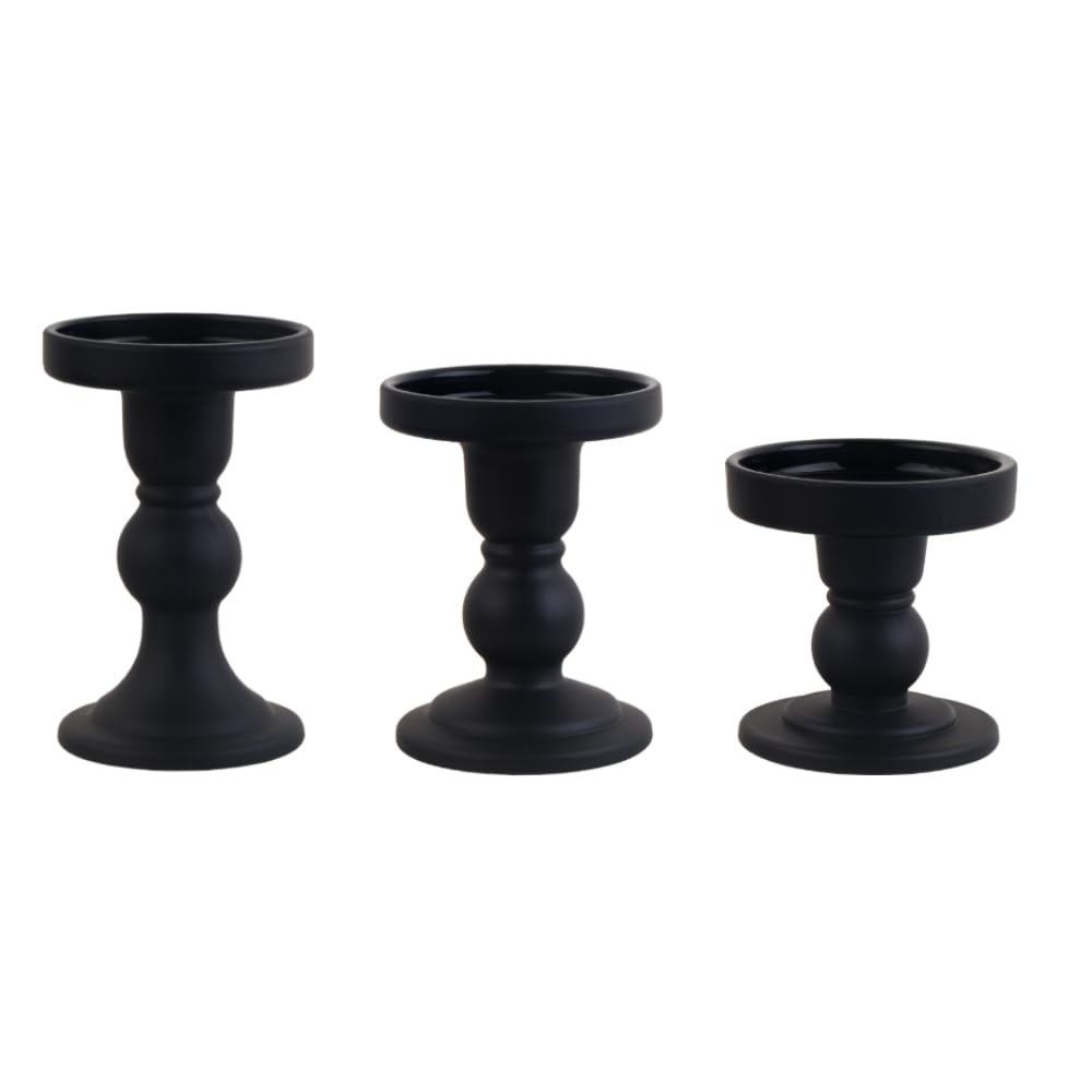 BTGLLAS 3-Piece Set of Black Glass Candlestick, Crystal Candlestick Holder Holder and Conical Candle, Christmas Candle Holder Decoration, Family Living Room Wedding Candle Holder (black1set)