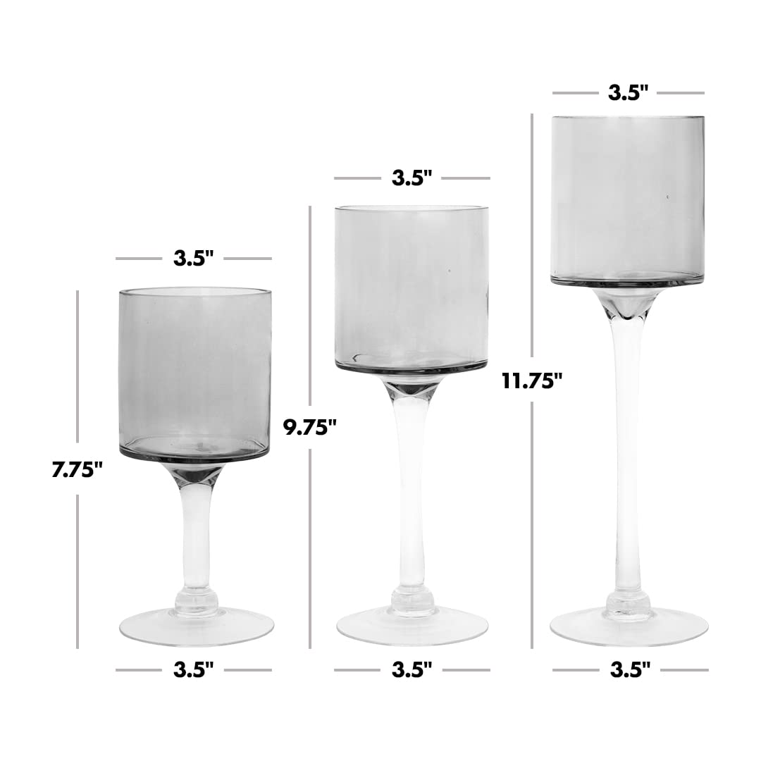 Koyal Wholesale 3Pcs Smoke Black Floating Candle Holder, Long Stem Candle Holders Set of 3, Black Tea Light Floating Candle Holder Centerpiece, Glass Stem Pillar Candle Holders Home Decor