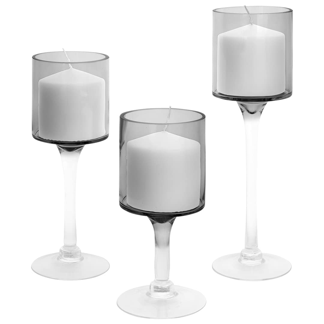 Koyal Wholesale 3Pcs Smoke Black Floating Candle Holder, Long Stem Candle Holders Set of 3, Black Tea Light Floating Candle Holder Centerpiece, Glass Stem Pillar Candle Holders Home Decor