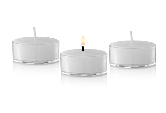 Clear White Tea Lights Candles - 5 Hour Long Burning Unscented White Tealight Candles in Clear Plastic Cups for Home, Wedding, Holiday, Shabbat, Restaurants, Spa or as a Emergency Candle - Set of 125