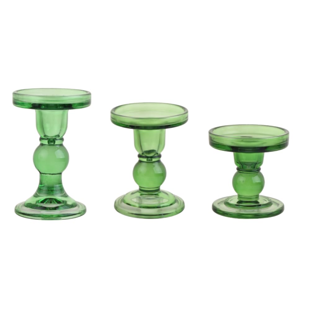 BTGLLAS 3-Piece Set of Green Glass Candlestick, Crystal Candlestick Holder Holder and Conical Candle, Christmas Candle Holder Decoration, Family Living Room Wedding Candle Holder (green1set)