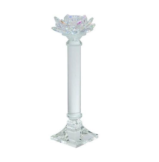 ORYNTIDE D4.5x11 Prismatic Lotus Crystal Glass Candlestick Holder - Elegant Taper Candle Stand with Iridescent Flower Top, Clear Luxury Décor