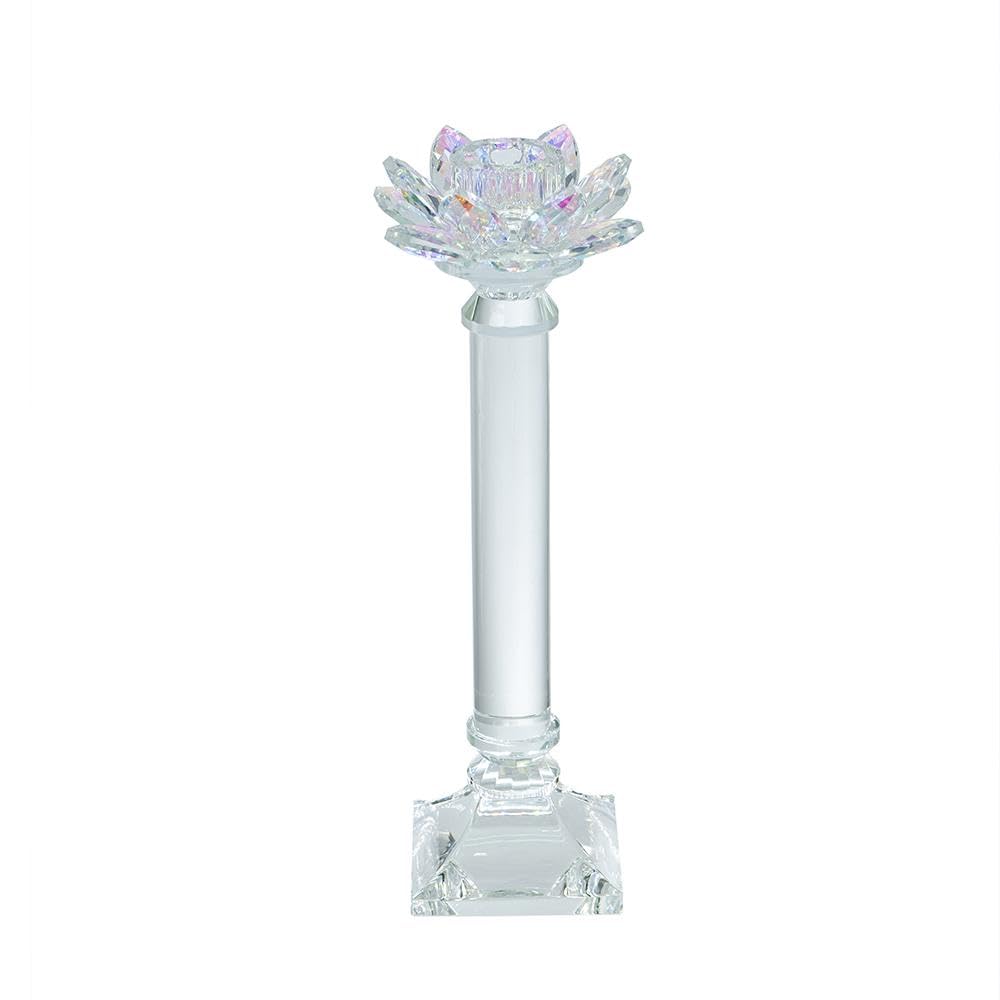 ORYNTIDE D4.5x11 Prismatic Lotus Crystal Glass Candlestick Holder - Elegant Taper Candle Stand with Iridescent Flower Top, Clear Luxury Décor