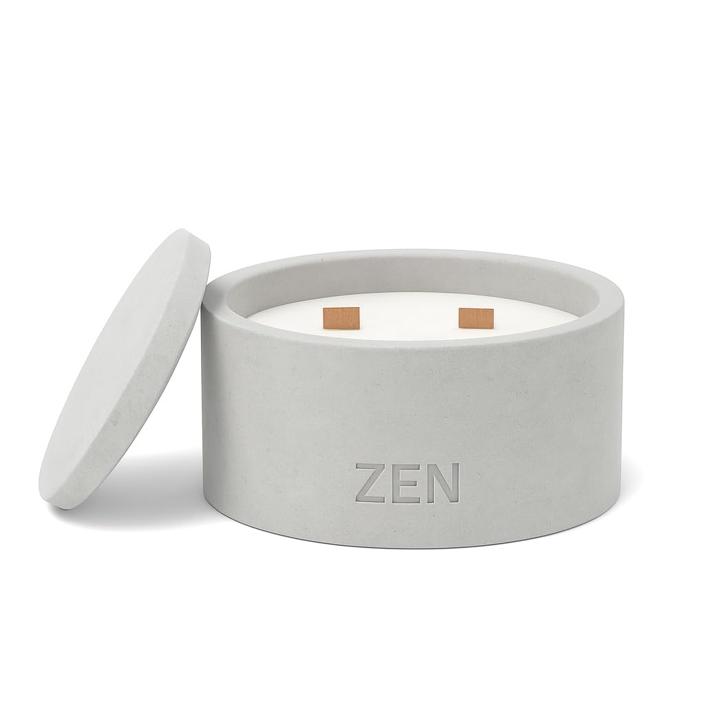 Zen Concrete Candle with Lid – Jasmine Rose Ylang Floral – 100% Beeswax, Minimalist Jar, Wooden Wick, Reusable Container Plant Pot Storage – Luxury-Inspired (Gray, Medium, JAD)