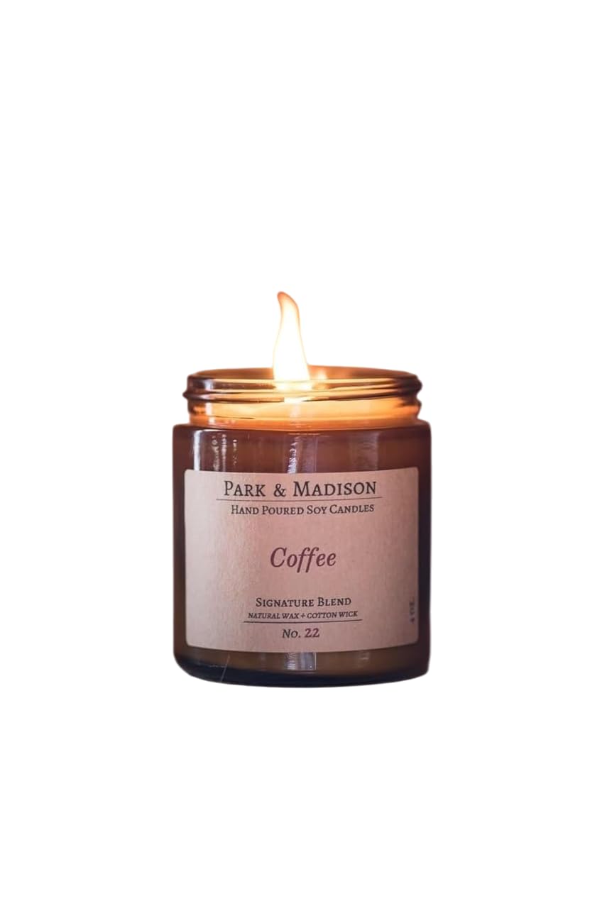 Park & Madison Coffee Soy Candle - Fresh Brewed Coffee Scented Candle | Hand-Poured Candle in Amber Jar with Black Lid | Phthalate-Free, Eco-Friendly Soy Wax | Non-Toxic Organic(4 oz)