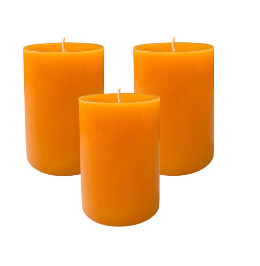 Mister Candle Dripless Unscented Orange Pillar Candles, Set of 3 Hand Poured Solid Color Non-Scented Candles for Home Decor, Premium Wax, 60 Hr Burn Time - 3x4 Inch, Orange