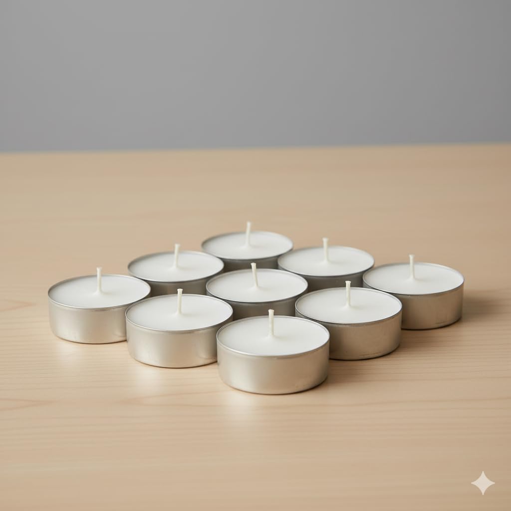 Anchals Collection Tea Light Candles Unscented White Wax Pack of 100 Long Burning Tealights for Diwali Decoration Pooja Home Decor Wedding Spa Meditation Aromatherapy