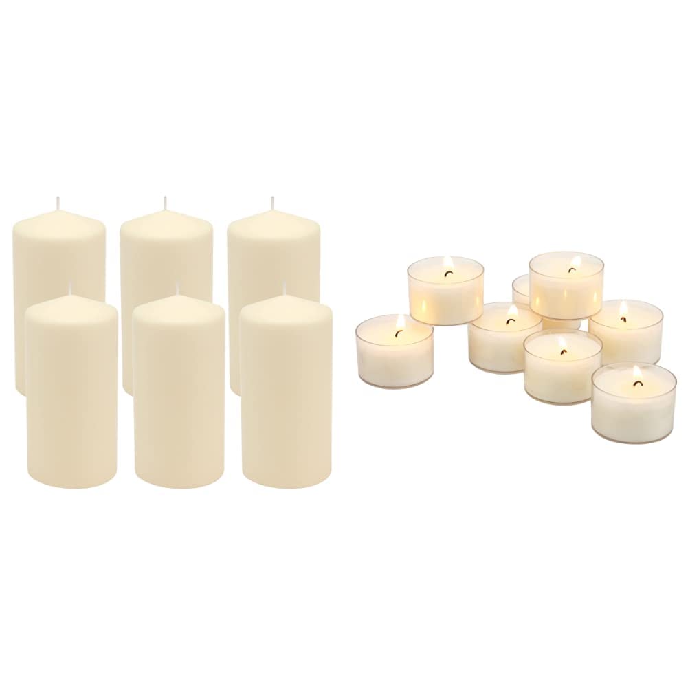Stonebriar SB-SP-3548A Tall 3 x 6 Inch Unscented Ivory Pillar Candle Set, Set of 6, 3x6 & 96 Pack Unscented 6 to 7 Hour Extended Burn Time Clear Cup Tea Light Candles,White