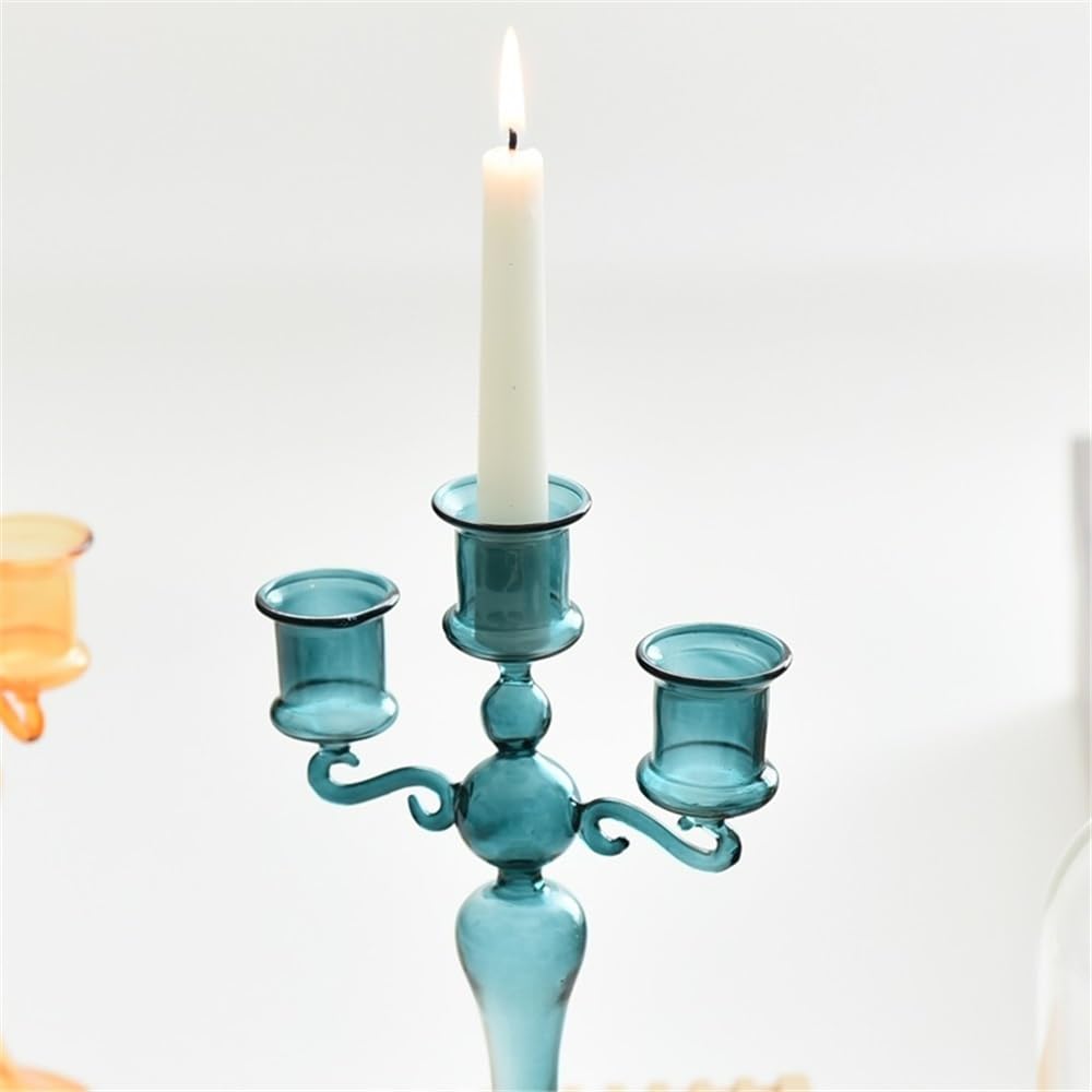 Candlestick Holders Creative Glass Candlestick Colorful Three-Head Candlestick Home Decoration Wedding Shooting Props Candle Holders(Blue)