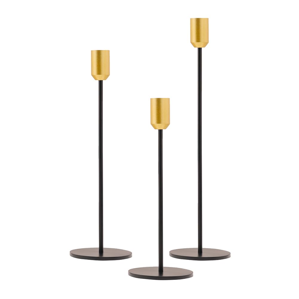Yair Emanuel Set of 3 Black Tapered Modern Candlestick Holders Brushed Brass Cups - Fits 3/4 inch Candles - Elegant Home Decor Available in 3 Sizes