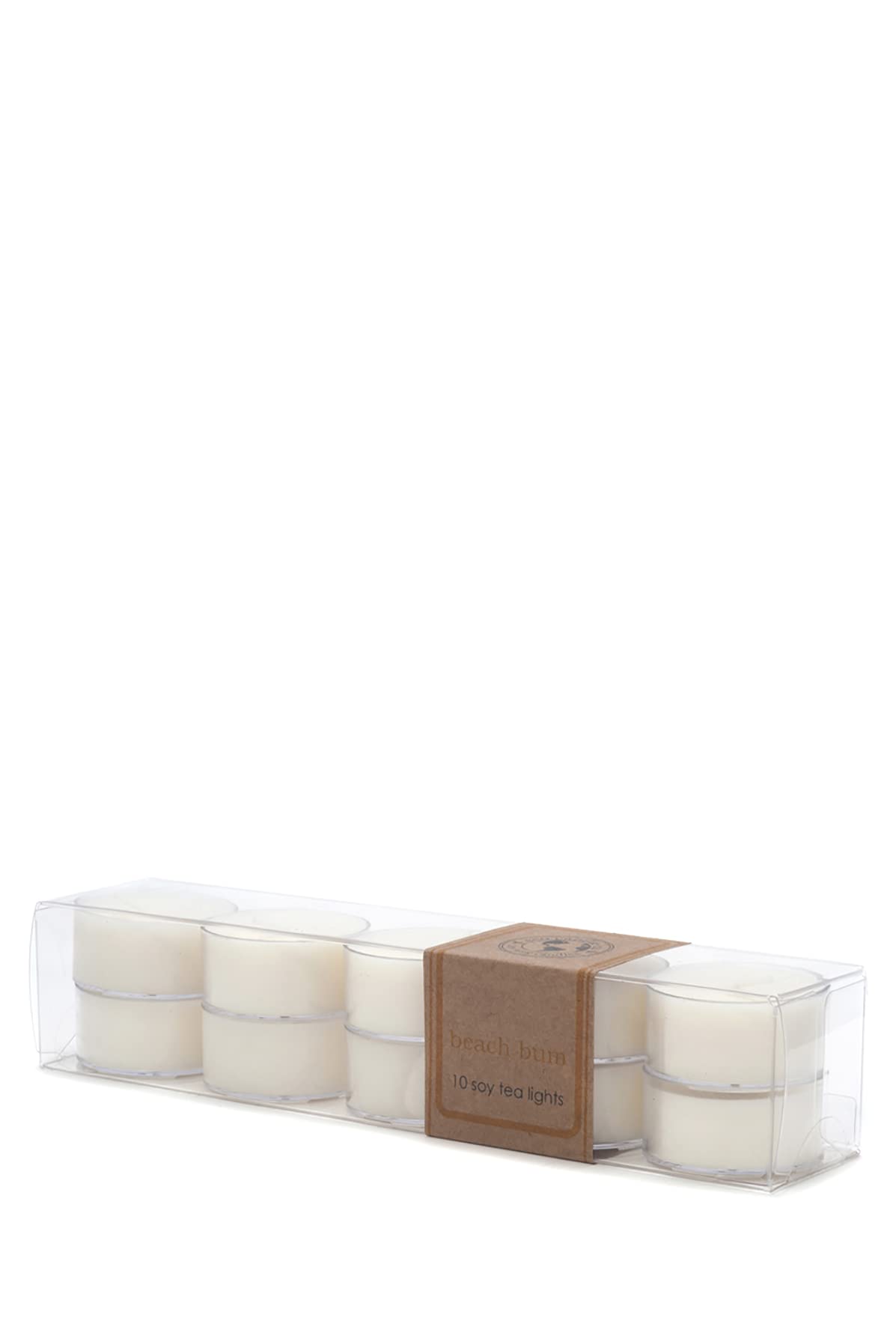 Eco Candle Co. Tea Light Candles, Beach Bum, 10-Pack - Scents of Tropical Coconut, Warm Kola Nut and Fresh Island Fruits - Recyclable, 100% Soy Wax, No Lead, Hand Made, .6 oz. Each