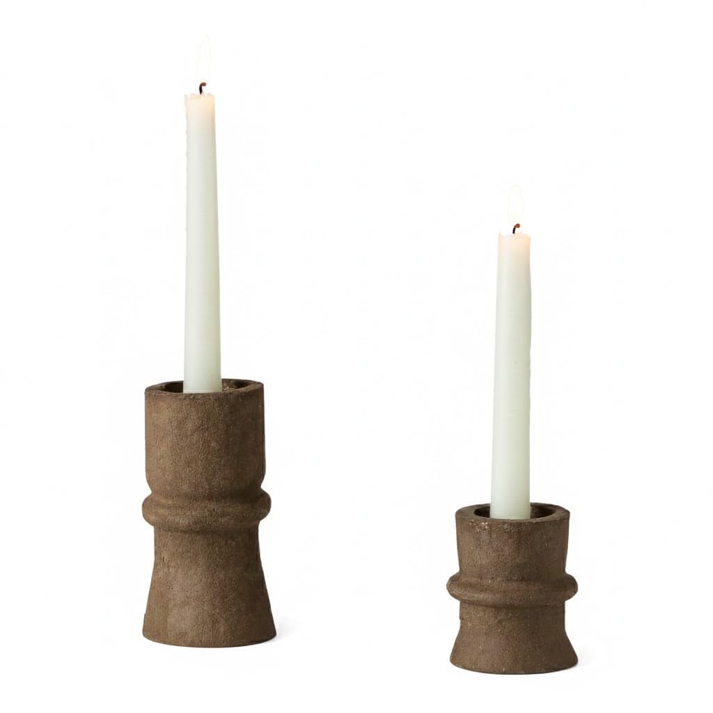 Romadedi Candlestick Holders Boho Decor: Taper Candle Holders Paper Mache for Living Room Modern Decorations Candle Stick Dining Table Centerpiece Fireplace Home Decoration Brown