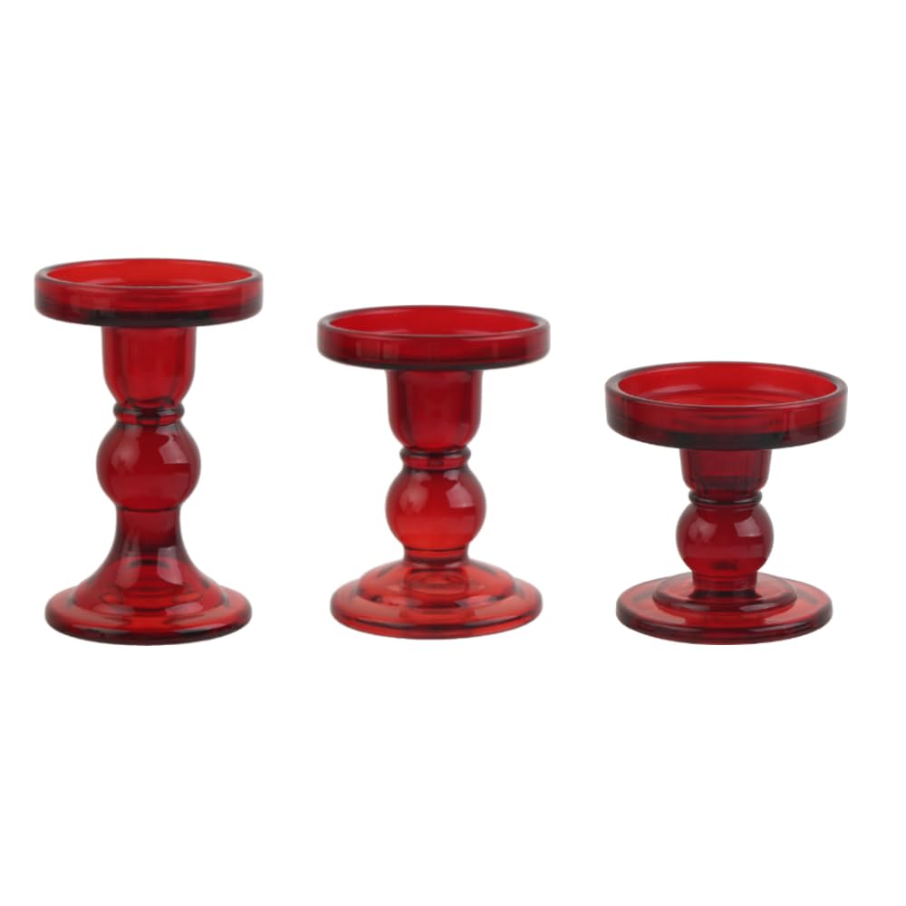 BTGLLAS 3-Piece Set of Red Glass Candlestick, Crystal Candlestick Holder Holder and Conical Candle, Christmas Candle Holder Decoration, Family Living Room Wedding Candle Holder (red1set)