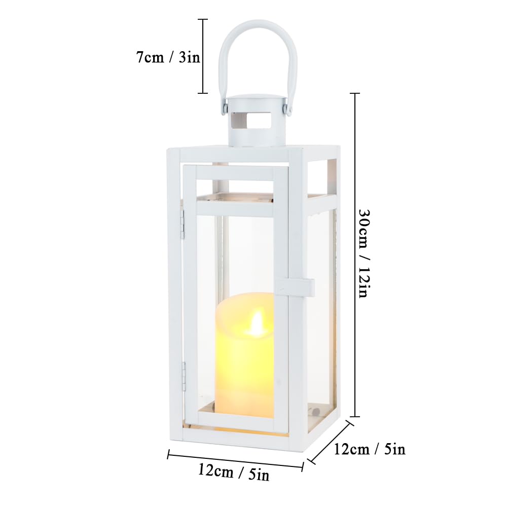 TRIROCKS Decorative Candle Lantern 12'' High Metal Candle Holder with Tempered Glass Perfect for Home Decor Living Room Parties Events Tabletop Indoor Outdoor (White)