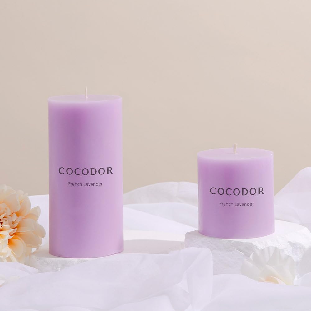 COCODOR Scented Pillar Candles, 3x6 Inch, French Lavender, Candle Set of 3, Long Buring 85 Hours, Candles for Weddings, Party, Dinner, Home Decor.