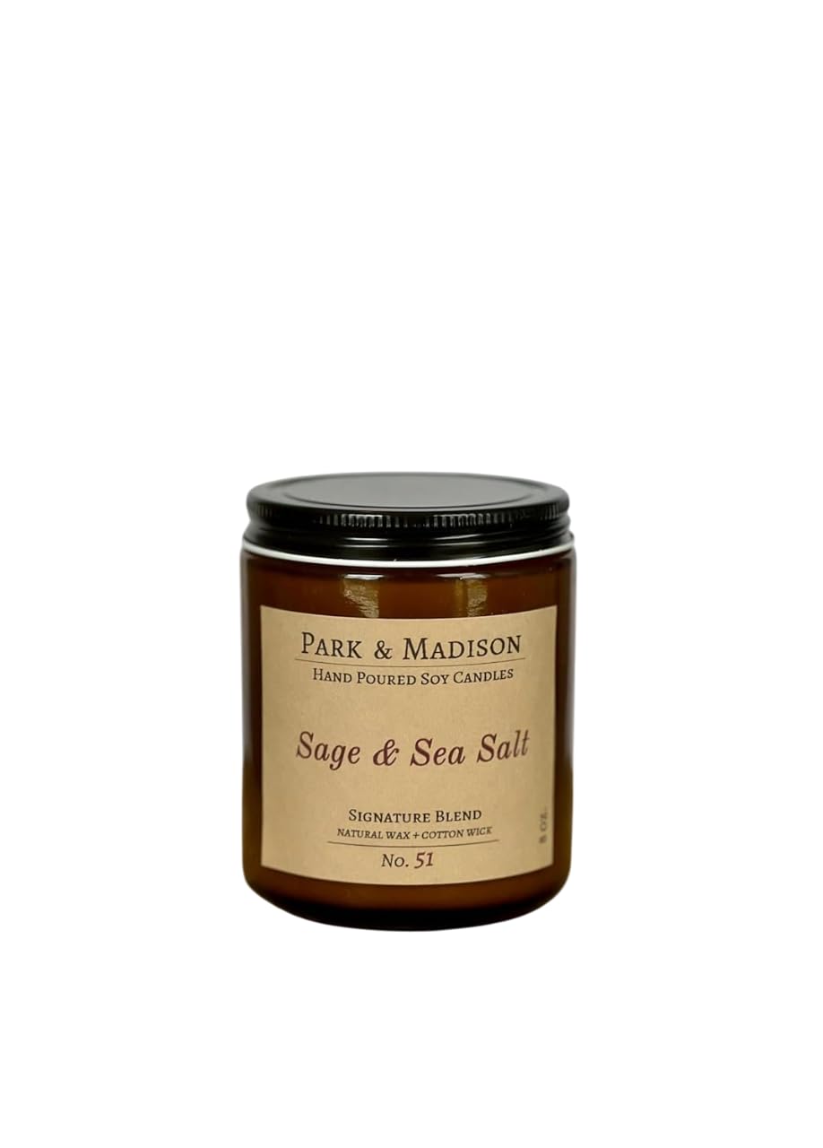 Park & Madison Sea Salt & Vetiver Soy Candle – Refreshing Earthy Scent with Ocean Air, Aquatic Florals & Warm Musk – Eco-Friendly Amber Jar, Non-Toxic, Long-Lasting Scented Candle (4 oz)