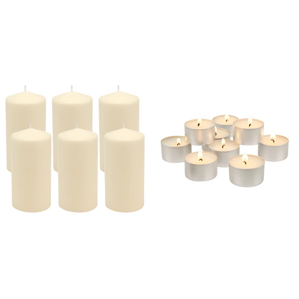 Stonebriar SB-SP-3548A Tall 3 x 6 Inch Unscented Ivory Pillar Candle Set, Set of 6, 3x6 and Stonebriar 50 Pack Unscented Tea Light Candles with 6-7 Hour Extended Burn Time