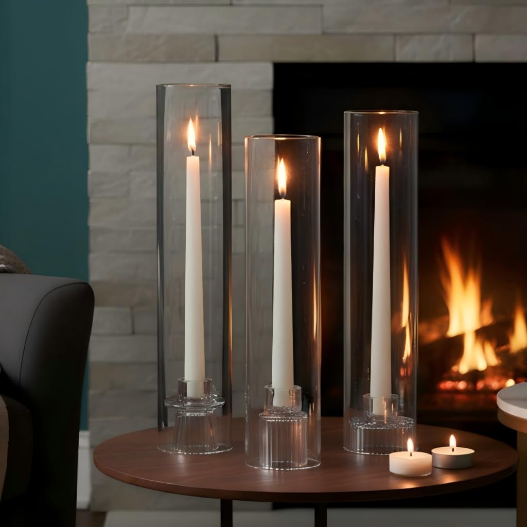 NITIME 3 Set Hurricane Glass Candle Holders for Taper Candles, Candlestick Holders with Windproof Glass Tubes(11.8"/12.6"/13.8" H), Taper Candle Holders for Table Centerpieces, Wedding, Party Decor