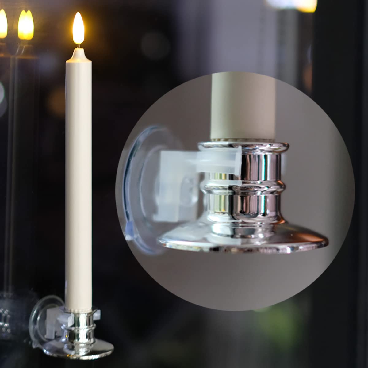 6 Pack LED Windows Candles with 12 AA Batteries(Include,Run More Than 400 Hours) + 6 Silver Removable Candlesticks + 6 Suction Cup,10'' Ivory Flameless Battery Taper Window Candle Light with Remote