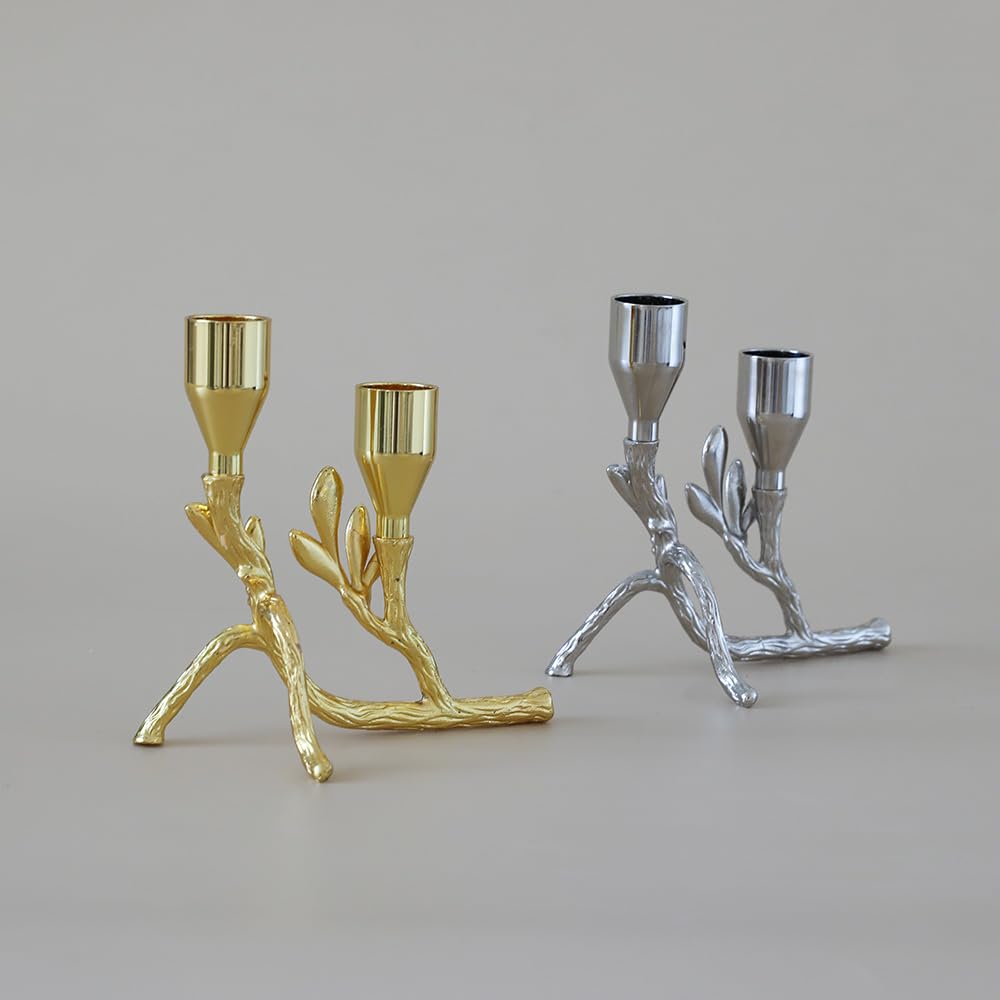 Elegant Gold Metal Tree Branch and Leaf-Inspired Dual Candle Holder Taper for Home Decor Tables top Tealight Wedding Centerpiece 5.12"x4.57" (Golden)