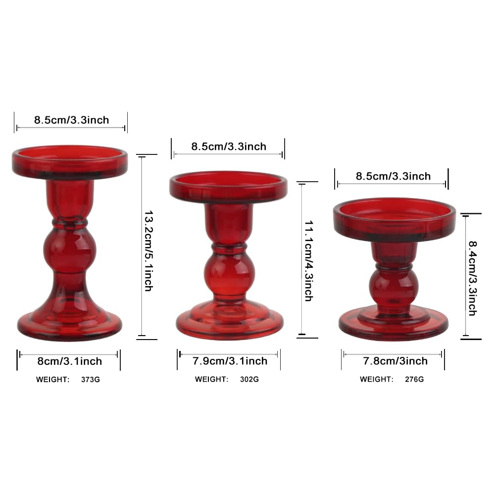 BTGLLAS 6-Piece Set of Red Glass Candlestick, Crystal Candlestick Holder Holder and Conical Candle, Christmas Candle Holder Decoration, Family Living Room Wedding Candle Holder (red2sets)