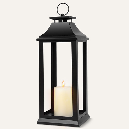 Modern Farmhouse Black Lantern Candle Holder – 22” Hanging Decorative Lantern for Indoor & Outdoor Home Décor – Ideal for Parties, Weddings, Porches, and Events (No Glass Panel), Size Large