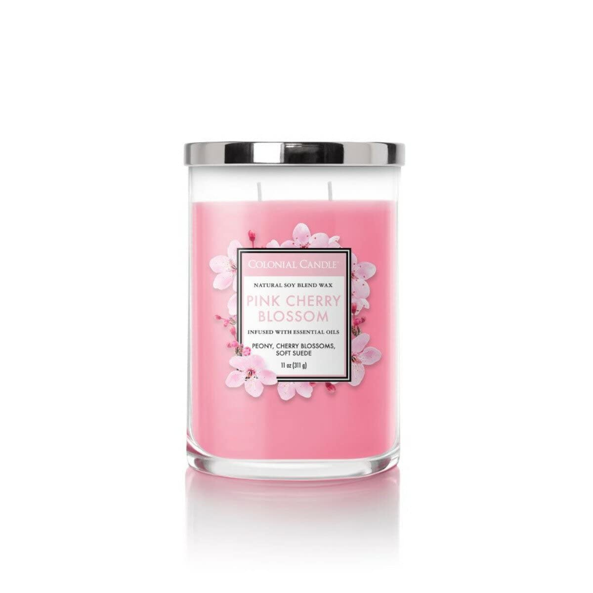 Colonial Candle Pink Cherry Blossom Scented Jar Candle, Classic Cylinders Collection, 2 Wick, Red, 11 oz - Up to 80 Hours Burn