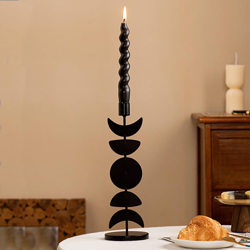 Iron Taper Candle Holder Matte Black Tall Star Moon Candlestick Holders Decorative Candle Stand Candlestick Holder for Wedding, Dining Table, Party Home Decoration (A)