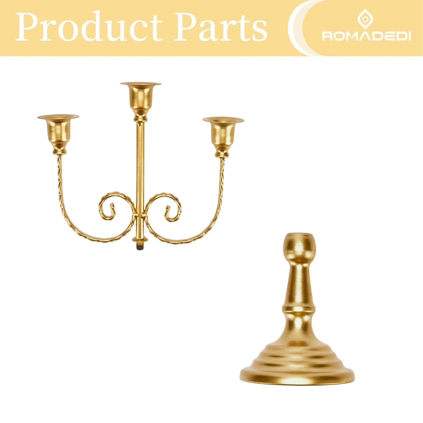 Romadedi Candelabra Gold Candle Holders - 3 Arm 11.8" Wedding Candlestick Holder for Theme Party Table Centerpiece Decor Dining Room Birthday Holiday Christmas