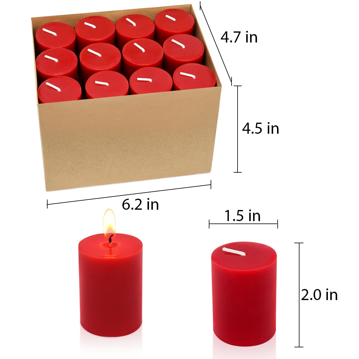 24 Packs Red Votive Candles, Small 2.0 Inch Unscented Wax Solid Colored Candles for Christmas Wedding, Party, Holiday & Home - 12 Hours Burning