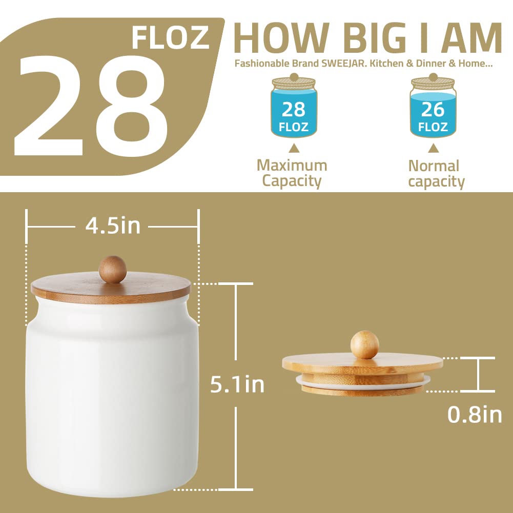 Sweejar 28 Fl oz Ceramic Kitchen Canisters, Porcelain Food Storage Jar with Airtight Seal Wooden Lid, Home Container Serving for Coffee Beans, Tea-leave, Sugar, Salt and More, Tool Bucket (White)
