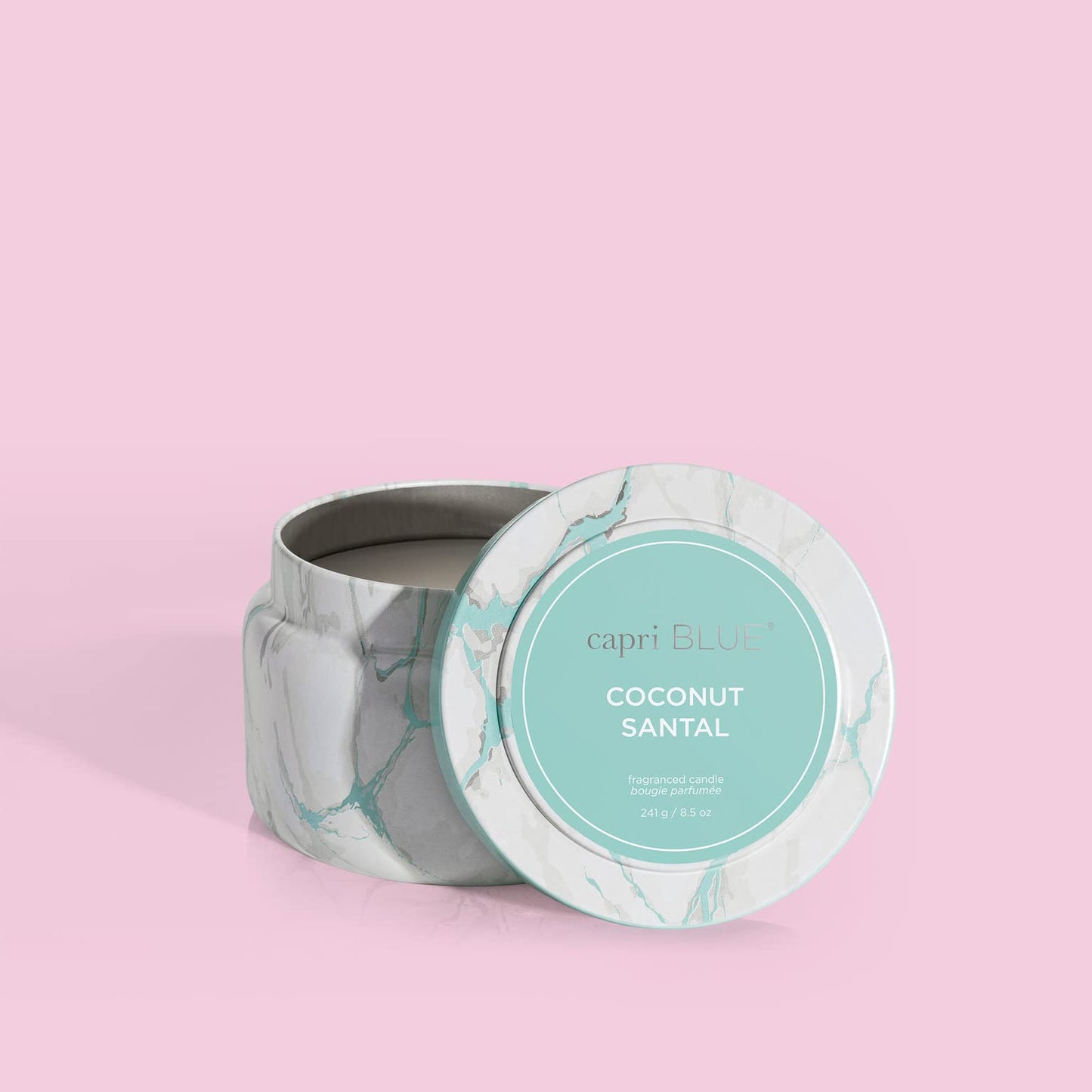 Capri Blue Modern Marble Printed Travel Tin Jar Candles - Luxury Decorative Candles for Home Scented - Long Lasting Soy Wax Blend - Coconut Santal (8.5 oz)