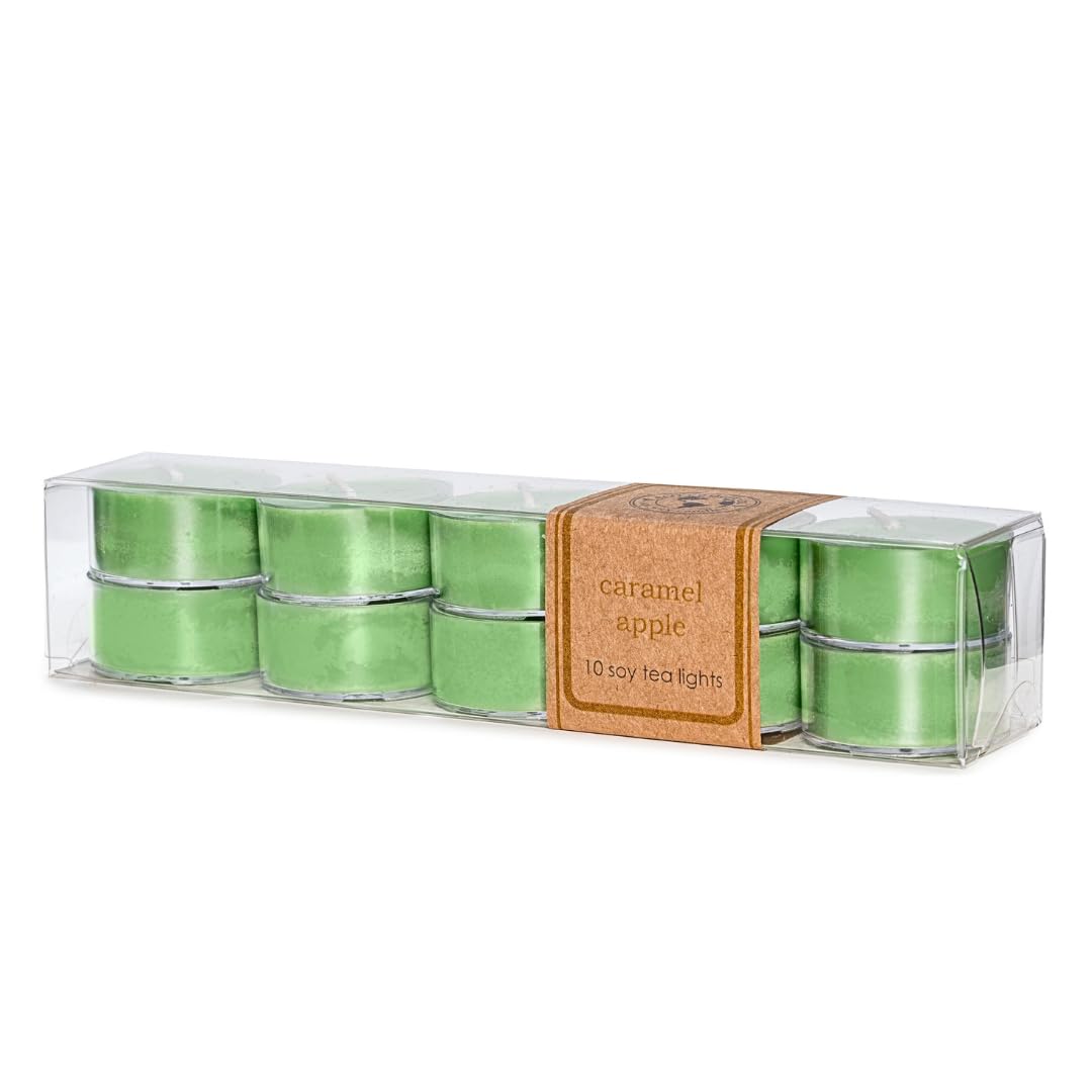 Eco Candle Co. Tea Light Candles, Caramel Apple, 10-Pack - Scents of Granny Smith Apples and Creamy Caramel - Recyclable, 100% Soy Wax, No Lead, Kraft Paper Label & Lid, Hand Poured, Phthalate Free