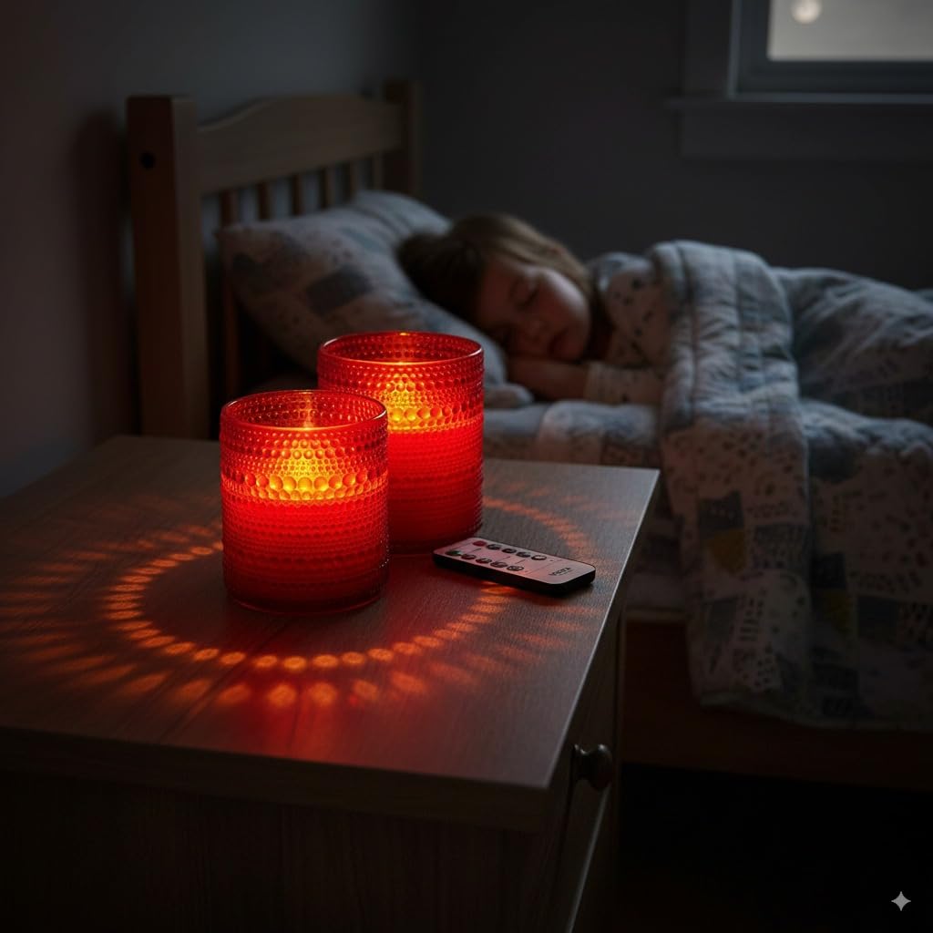 VENTA Set of 2 Red Glass Flameless Candles with Remote | Dimmable Flickering Votives, Ideal for a Romantic Dinner, Anniversaries, and Home Ambiance | Decorative Table Lamp