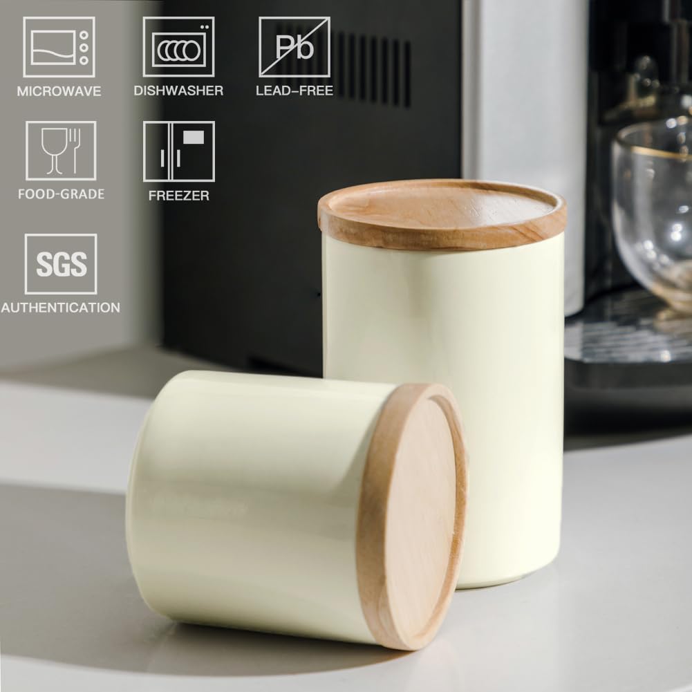 Sweejar Kitchen Canisters Ceramic Food Storage Jar, Stackable Containers with Airtight Seal Wooden Lid for Serving Ground Coffee, Tea, Sugar, Salt and More - 28 Fl Oz (Beige)