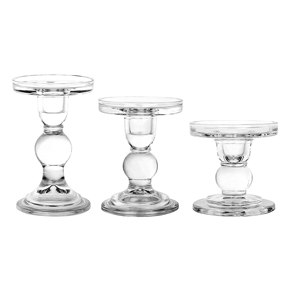 BTGLLAS 3-Piece Set of Glass Candlestick, Crystal Candlestick Holder Holder and Conical Candle, Christmas Candle Holder Decoration, Family Living Room Wedding Candle Holder (7 Colour)