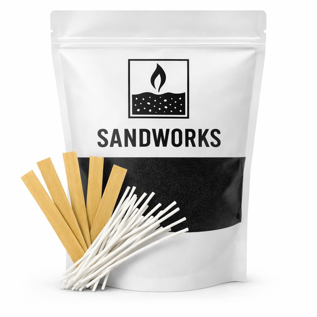 SANDWORKS Sand Wax Candle Making Kit – 5 Wooden Wicks & 15 Cotton Wicks, 500 g Premium Fragrance-Free Sand Wax (Obsidian Black)