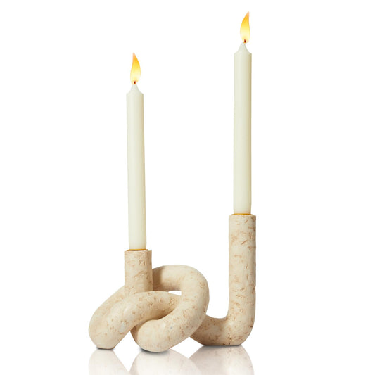 DN DECONATION Knot Shaped Taper Candle Holders - Travertine Resin Candlestick Holders, Candle Sticks Holder Boho Farmhouse Decor Coffee Table Centerpiece for Living Room Fireplace Wedding